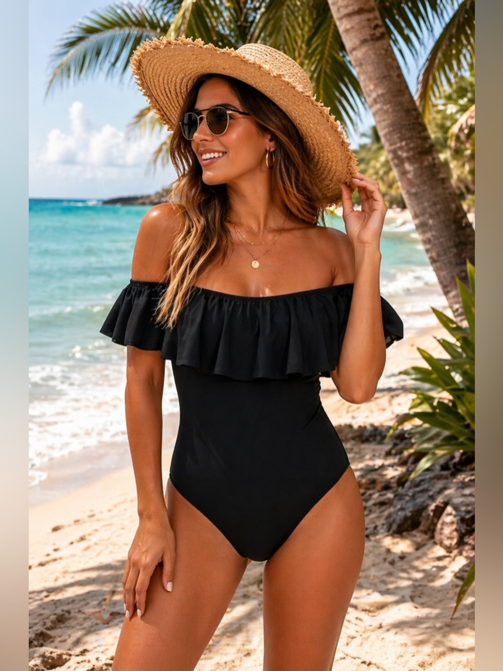 VICTORIA'S SECRET Women's Black Ruffle Off Shoulder One Piece Swimsuit L